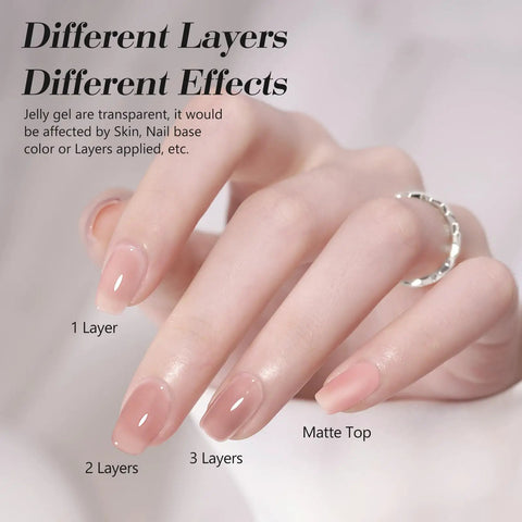 Hand with four nails showing different layers of Six Nude Shades Gel Nail Polish Set In 9ml Bottles, HEMA Free Long Lasting Manicure Kit