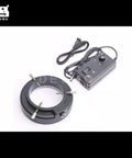 60 LED Adjustable Ring Light Illumination For Stereo Zoom Microscope With Built In Dimmer Shadow Free Lighting Easy Mount Up To 63mm Diameter Wide Voltage 110V To 240V Pro Grade Microscope Lighting For Sharp Precise Imaging black ring light and dimmer control unit on white background