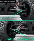 High Speed 1 By 18 RC Front And Rear CVD Driveshaft Dogbone Axle Shafts 4 Piece Upgrade For HBX 18859 18858 18868 Off Road Car Truck Beefed Up CNC Machined Metal Install Easy Front And Rear Set front CVD driveshaft installed on RC front wheel