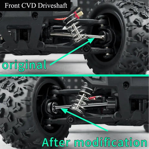 High Speed 1 By 18 RC Front And Rear CVD Driveshaft Dogbone Axle Shafts 4 Piece Upgrade For HBX 18859 18858 18868 Off Road Car Truck Beefed Up CNC Machined Metal Install Easy Front And Rear Set front CVD driveshaft installed on RC front wheel
