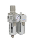 Workhorse Piggyback Half Inch NPT Air Filter Regulator Lubricator Combo with gauge, manual drain, poly bowl, solid metal guard