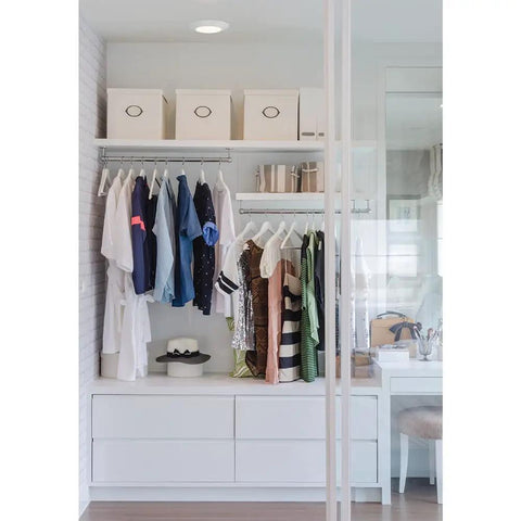 Closet with 6 Inch Recessed LED Disc Ceiling And Wall Light Surface Mount Warm White 3000K Slim Low Profile White Finish Energy Efficient Dimmable
