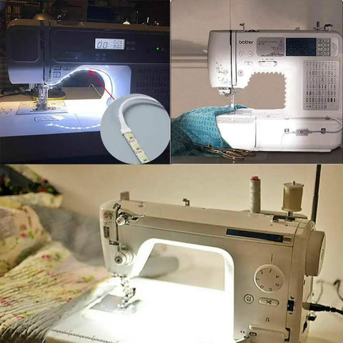 Top Shelf Quality 12 Inch Led Light Strip For Sewing Machines With Slick Touch Dimmer, mounted on a sewing machine showing bright light.