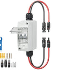 Solar Panel Disconnect Switch 400V DC And AC 20A Mini Breaker with DIN Rail, IP65 weatherproof casing, tools and connectors shown