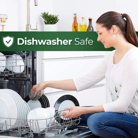 Woman loading dishwasher with Stainless Steel Scrubbers Set 2 Count, Rust Resistant Heavy Duty Scrubbers For Pots And Pans