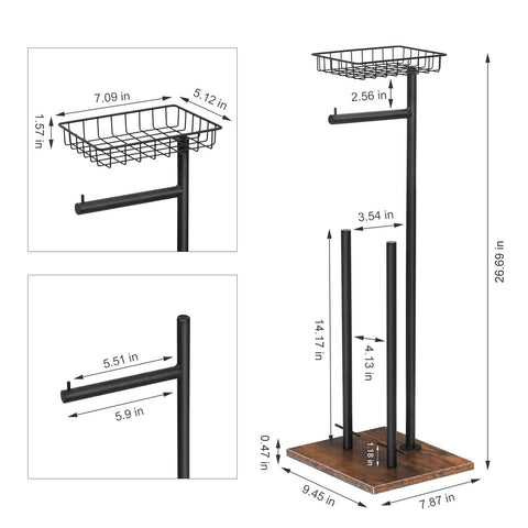 Dope Free Standing Toilet Paper Holder With Storage Shelf In Black And Brown Finish, dimensions and components shown