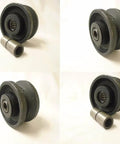 Four V-Groove caster wheels with iron bearings for carts and gates, 375 lb capacity each. Ideal for industrial and DIY projects.