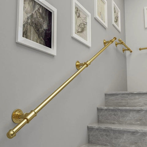 Heavy Duty Adjustable Round Tube Railing Kit For Decks And Stairs mounted on wall beside staircase for safety and support.