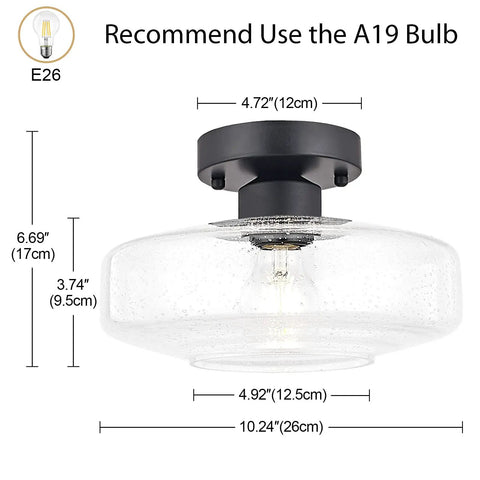 Image of Seeded Glass Shade Flush Mount Ceiling Light With Matte Finish For Living Room Bedroom Cafe Bar Hallway Entryway Retro Timeless Design With Upgraded Canopy Lighting Fixture For Cozy Modern Vibe showing dimensions and E26 bulb recommendation.
