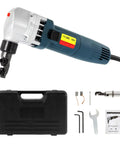 Electric Sheet Metal Nibbler Cutter With 1700 RPM High Speed Rotor Cuts Steel Up To 1.8mm And Stainless Up To 1.2mm Aluminum And Plastic Slim Grip Friendly Body Includes Handy Tool Box For Easy Carry Cuts Clean Custom Shapes, displayed with accessories and carrying case.