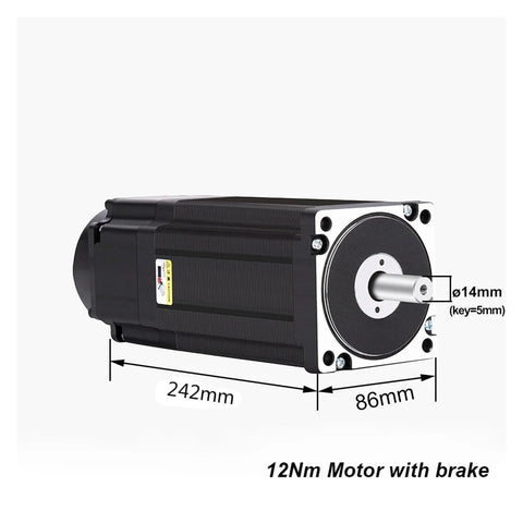 NEMA 34 closed-loop stepper motor with brake; black body, silver faceplate, 14 mm shaft with 5 mm key.
