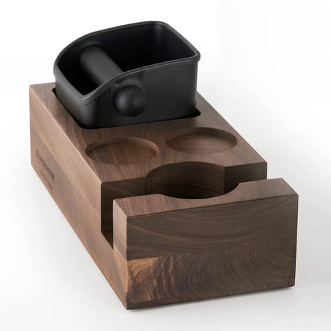 Wooden Espresso Knock Box And Tamper Holder Station With Non Slip Base Fits 58mm Portafilter, featuring a solid wood design and tamper slot.