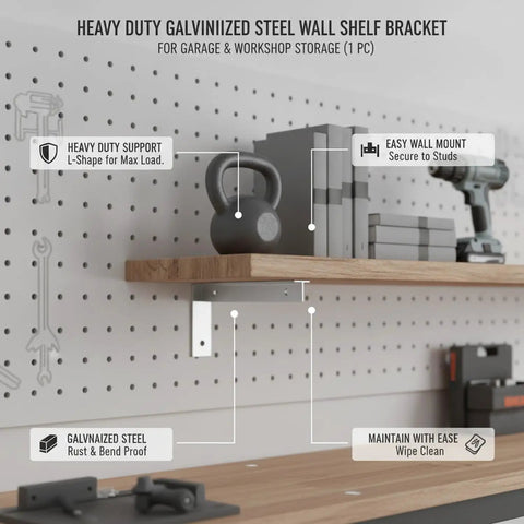 Heavy Duty L Shaped Galvanized Steel Shelf Bracket Wall Mount For Garage And Workshop Storage supporting a shelf with tools