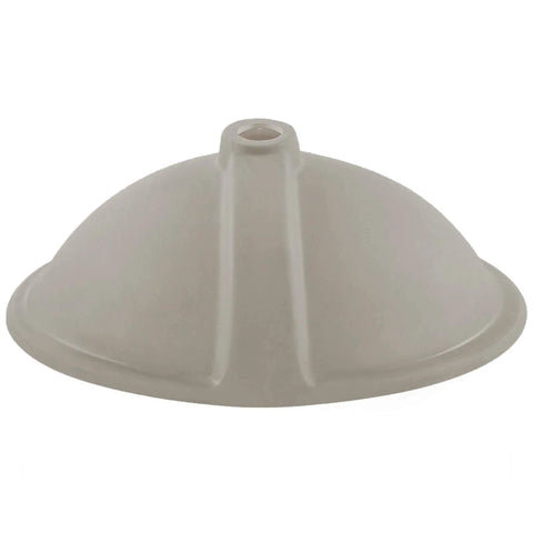 Oval undermount white porcelain sink underside view, brushed nickel drain, by Glacier Ice, 14 x 17.5 x 6.5 inches dimensions.