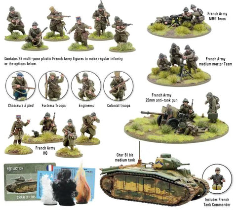 Bolt Action French Army Starter Army 1 To 56 Scale Tabletop Miniatures Plastic Paintable WWII Soldiers Set with tank and infantry