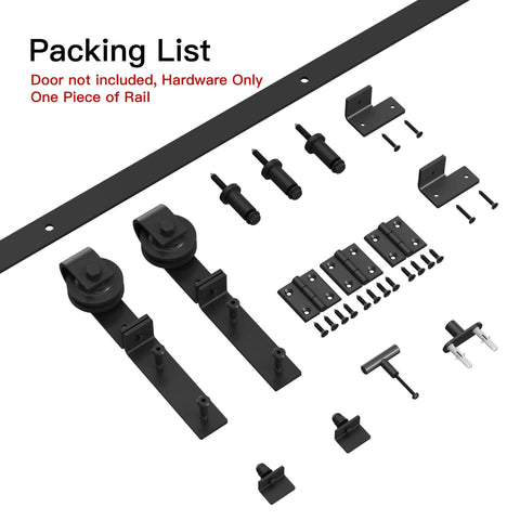 36 Inch Single Bifold Sliding Barn Door Hardware Kit for Closet Doors With Space Saving Track and Quiet, Smooth Rollers, Side or Top Mount Swivel Wheels, 40 Inch Track Length, Door Not Included, No Fuss Install and Durable Hardware components shown.