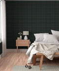 Classic Traditional Print Pre Pasted Removable Wallpaper Easy Peasy Install For Rented Spaces And Accent Walls Snaps Right Into Place Zero Pressure Printed In Usa Killer Vibe For Any Room black and green plaid wallpaper in modern bedroom setting