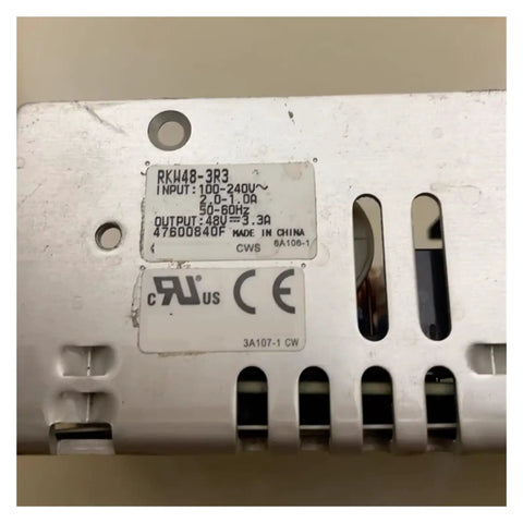 Beefy 48V 3.3A Industrial Power Supply With Porous Metal Shell And Quiet Active Cooling, Wide Input Range, Stable Output, Low Temperature Operation, Safe Design For Heavy Equipment And Machines, rear label view
