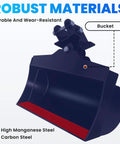Ultimate Tough-as-Nails Mini Excavator Hydraulic Bucket Attachment Bundle with 33-Inch Length and 20-Gallon Capacity, materials highlighted.
