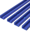 Four Pack 48 Inch T Track For Woodworking With Screws Aluminum Alloy Universal T Tracks Double Cut Profile Predrilled Mounting Holes Anodized Blue Heavy Duty Shop Essential, close-up view of blue aluminum tracks with predrilled holes