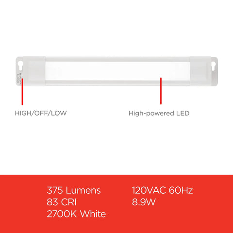 12 Inch Plug In Linkable Under Cabinet Lighting With High Low Off Switch Warm White 2700K LED Kitchen Lights, 375 Lumens