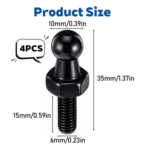 Four Pack 10mm Ball Studs With M8 Screws And Half Inch Long Shanks For Gas Struts Lift Supports Beefy Heavy Duty Mounting Kit In Black Zinc Alloy Universal Fit For Tight Spaces And Various Mounting Surfaces With Corrosion Resistant Finish, 4pcs size chart
