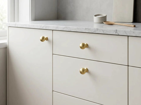 Top Shelf Brushed Gold Cabinet Knobs Six Pack For Modern Kitchen Drawers And Dressers Crafted From Solid Zinc Alloy Ridge Tough Construction Quick Install Mounting on white cabinet.