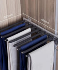Expandable Steel Pants Rack Designed To Keep Your Duds Neatly Organized with Nine Flocked Arms holding various pants.