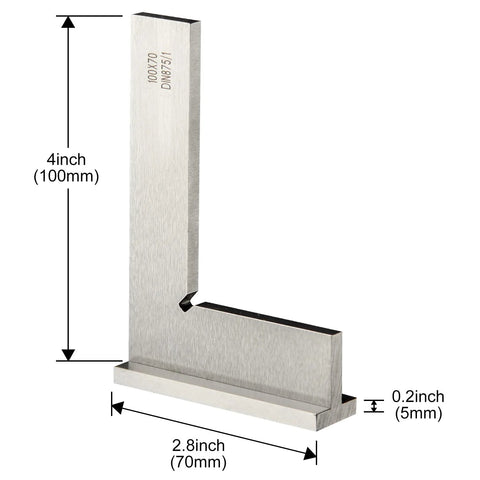 Precision machinist square, front view, 4-inch vertical leg, 2.8-inch base with seat, ground hardened steel.