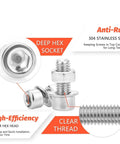 880 Piece Metric Bolt Set M2 To M5 Stainless Steel Hex Bolts Nuts And Washers Assortment Kit Perfect For DIY Projects And Repairs With Precise Threads And Durable Fasteners. 304 stainless steel deep hex socket bolt close-up