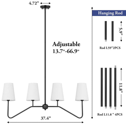 Linear Pendant Chandelier For Kitchen Island With Four Lights, Sleek Black Metal Fixture Over Table, Modern Dining Room Lighting, 4 Light Chandeliers With White Fabric Shades, Bulb Not Included