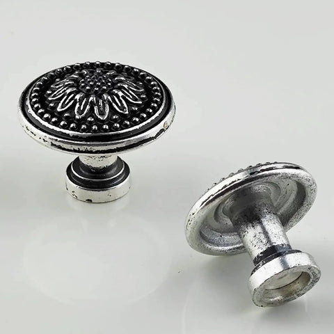 Vintage Sunflower Drawer Knob With Back Plate In Antique Silver Black Retro Cabinet Pull For Cupboard And Dresser Smaller 1.02 Inch Knob Solid Metal Hardware For DIY Furniture Makeover