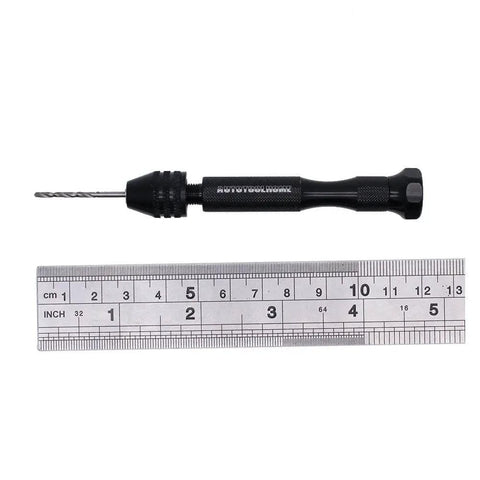 Pin Vise Hand Drill Set With 25 Micro Twist Drill Bits 0.5 To 3.0 Millimeter next to a measuring ruler for scale