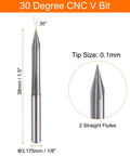 HARFINGTON 30° CNC V-bit, 1/8 in shank, 0.1 mm tip, two-flute cutter (front view with tip close-up)