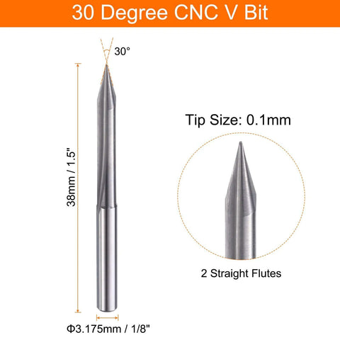 HARFINGTON 30° CNC V-bit, 1/8 in shank, 0.1 mm tip, two-flute cutter (front view with tip close-up)