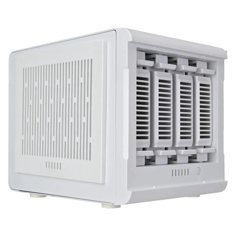 Killer 4 Bay External Storage Enclosure With Real Hot Swap Tech For 3.5 And 2.5 Inch Drives, side view showing sleek design and drive slots.