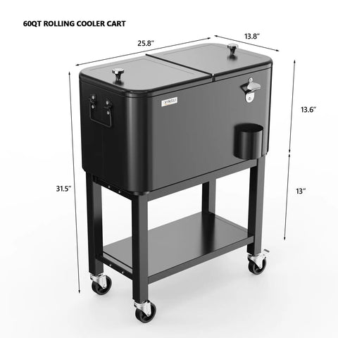 60 Quart Rolling Ice Chest On Wheels Portable Patio Party Bar Drink Cooler Cart With Shelf And Bottle Opener For Backyard BBQs And Outdoor Events