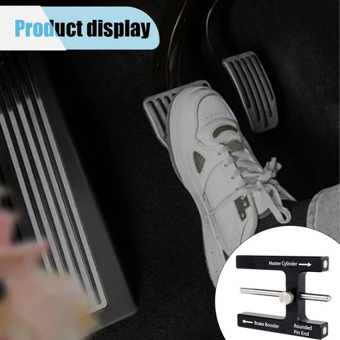 Car brake booster push rod adjustment tool with magnet; black metal gauge shown in circular inset near brake pedals