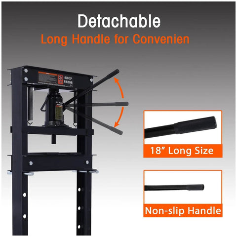 Heavy Duty 20 Ton Hydraulic H Frame Shop Press With Snappy Manual Hand Pump And Adjustable Steel Work Table for convenient detachable 18" handle.