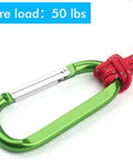 Green carabiner clip attached to red rope; text 'Secure load: 50 lbs' visible. Six Pack 3 Inch Aluminum Carabiner Clips D Ring Keychain Hooks.