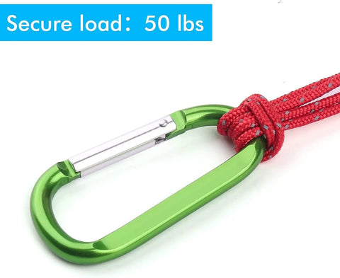 Green carabiner clip attached to red rope; text 'Secure load: 50 lbs' visible. Six Pack 3 Inch Aluminum Carabiner Clips D Ring Keychain Hooks.