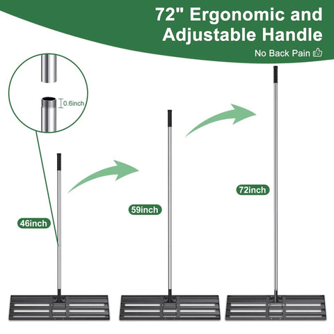 72-Inch Lawn Leveling Rake With Stainless Steel Handle, adjustable length for golf courses, gardens, pastures, and lawns