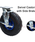 Tough As Nails Heavy Duty Industrial Casters With 8In And 10In Pneumatic Rubber Tires, featuring swivel design and side brakes.