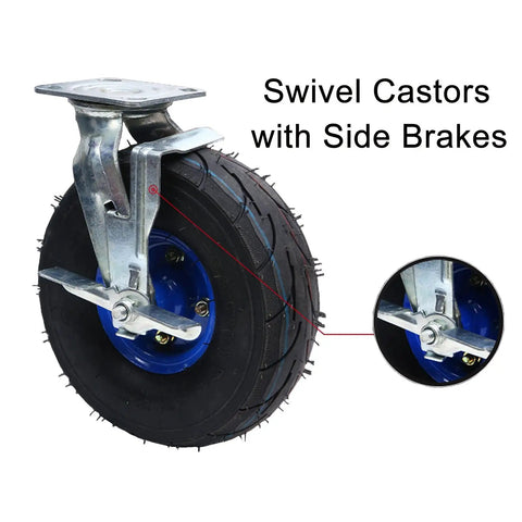 Tough As Nails Heavy Duty Industrial Casters With 8In And 10In Pneumatic Rubber Tires, featuring swivel design and side brakes.
