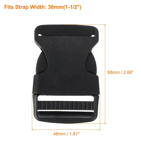 2 Pack 1-1/2 Inch Side Release Buckles - Durable Plastic Dual Adjustable Clips, front view showing dimensions in black.