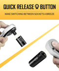 Three Eighth Inch Drive Ratchet With 90-Tooth Quick Release, Four Degree Swing, Reversible Handle, Chrome Alloy Finish, Pro Grade Chrome Vanadium Build, Durable And Easy To Clean For Auto, Home, And DIY Repairs quick release button shown with socket change