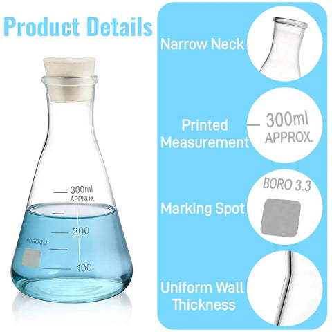Go To Lab Erlenmeyer Flask Set With Borosilicate Glass, Five Size Graduated Conical Flasks 300 mL With Rubber Stoppers