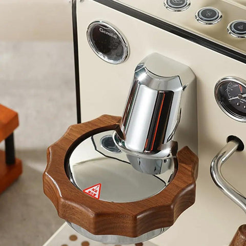 Solid Wood Anti Scald Guard For GemiLai 3145 Brew Head And 3006 Steam Knob installed on espresso machine