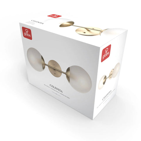 Celestia 2-Light Wall Sconce In Matte Brass With Frosted Glass Shades packaging showcasing modern glam design.