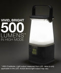 WeatherReady LED Camping Lantern Pro 360 IPX4 Water Resistant Tent Light showing 500 lumens brightness and power buttons.